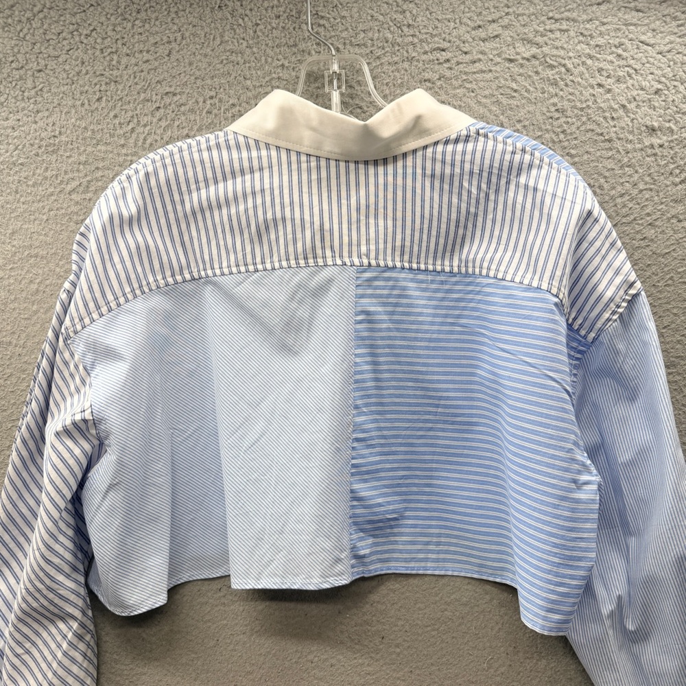 NWT Zara Blue Striped Patchwork Cropped Long Sleeve Button Up Top Shirt Size S - Picture 9 of 12